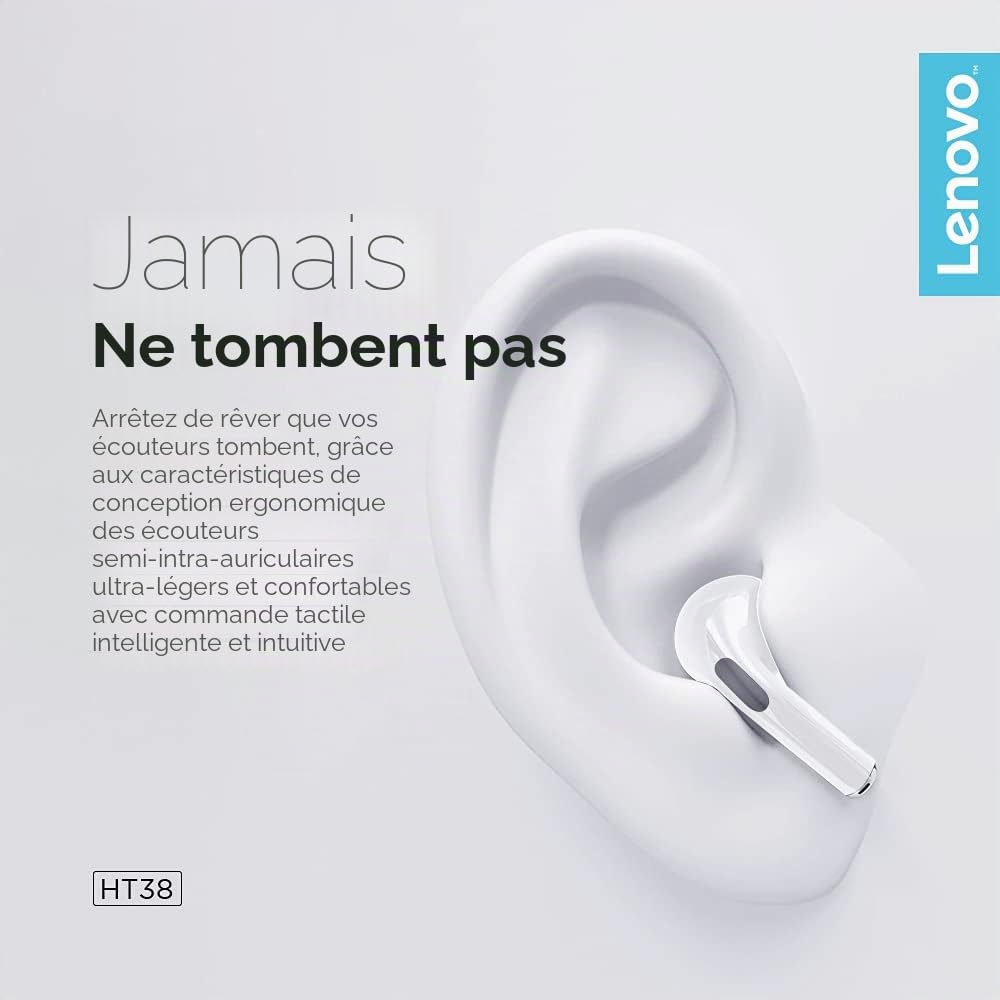 Lenovo – écouteurs sans Fil Bluetooth LivePods HT38 TWS, Mini Casque d'écoute, Commande Tactile 9D Stéréo, avec Micro, 30h d'autonomie
