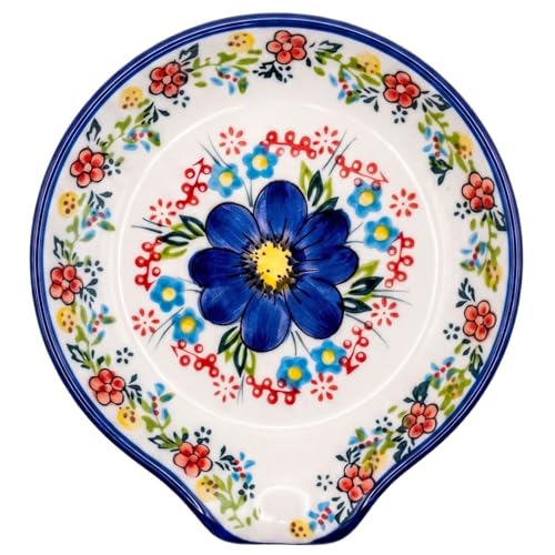 Image of Spoon Rest for Stove Top, 5 inch Hand-Painted Bule Flower Spoon Holder | Stable ceramic won't tip; glaze rinses clean, dishwasher safe. Holds spoons & spatulas, floral farm style, keeps stove tidy.