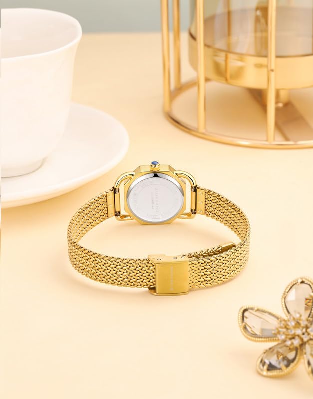 Image of Giordano Analog Quartz Watch for Women with Octagonal Textured Dial, Crystal Hours Markers, Blue Crown and Mesh Metal Strap