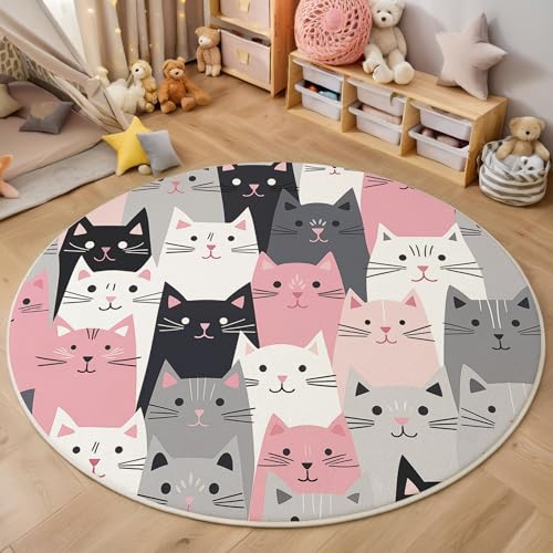 Tapis rond chat 80cm en velours rose grisâtre antidérapant