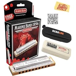 Hohner Marine Band 1896 Harmonica – Key of C Bundle with Case, Pouch, Austin Bazaar Online Manual, and Polishing Cloth - Les Beatles, Paul McCartney, John Lennon, RIngo Starr, George Harrison