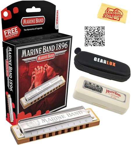 Hohner Marine Band 1896 Harmonica - Key of C Bundle with Case, Pouch, Austin Bazaar Online Manual, and Polishing Cloth