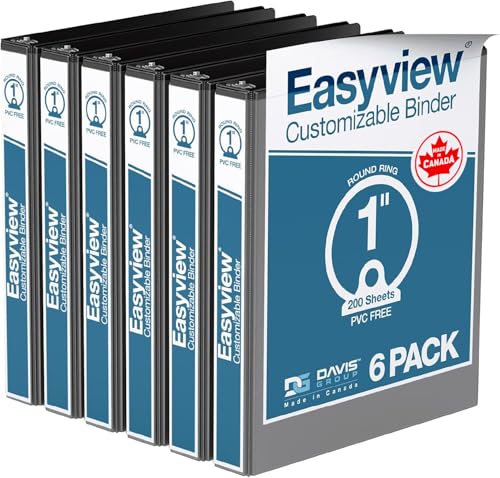 Easyview 3-ring Binders with Clear-View Covers, 1 inch, black, pack of 6