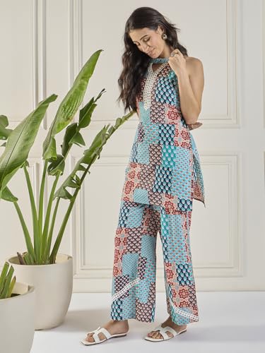 Image of Women's Floral Printed Kurti and Palazzo Set | Sleeveless Ethnic Co-Ord Set