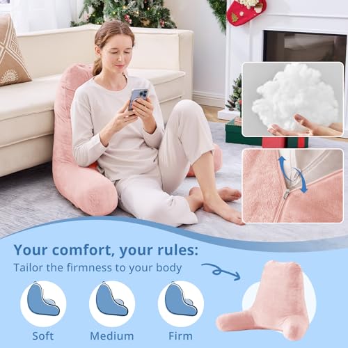 Image of Sasttie Reading Pillow for Bed, Back Pillow for Sitting Up, Peach Pink | 25 inch Backrest Support Cushion for Couch, Sofa, and Floor, Dorm Essentials, OEKO-TEX, Adjustable Down Alternative Fill
