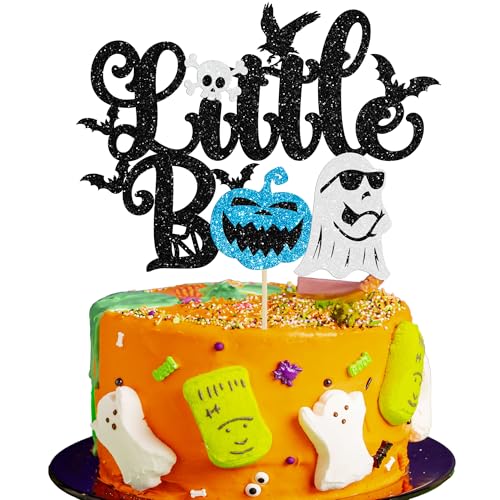 Gyufise 1Pc Little Boo Cake Topper Glitter Baby Boo Ghost Halloween Cake Pick Spooky Baby Shower Cake Decoration for Halloween Theme Baby Shower Kids Birthday Party Supplies Black