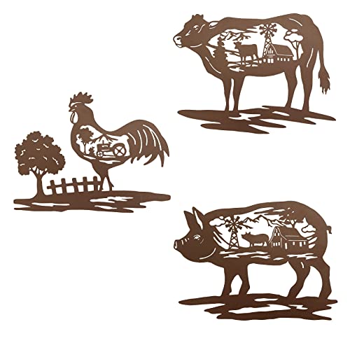 Farm Wall Decor Farmhouse Metal Wall Art Pig Cow Rooster, 9 Inch set of 3