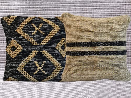 Instylecraft 20X20 Throw Pillow Covers Decorative Couch Pillows For Living Room, Bedroom, Indoor - Cushion Cover - Made From Blend Of Jute Cotton - Beige & Black -2 Qty #TOP1