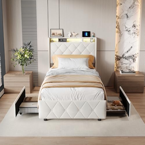 Quiaviank Cama tapizada 90 x 200 cm con LED y función de carga USB, cama juvenil con 2 cajones de almacenamiento, cama individual con somier y espacio de almacenamiento, sin colchón, franela, beige