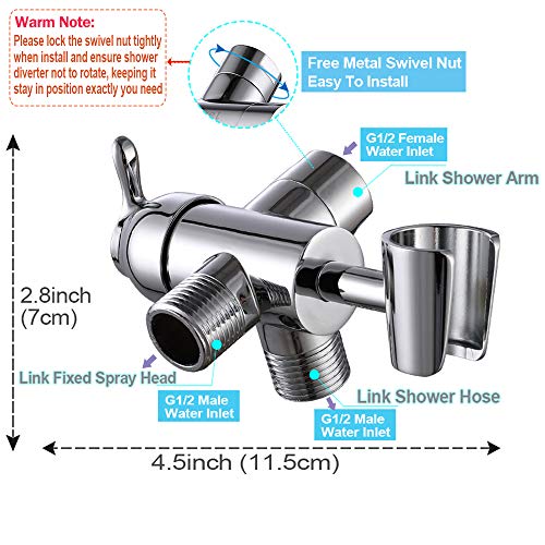 Shower Arm Diverter 3 Way with Handheld Shower Mount Bracket, G1/2 Universal Brass Shower Diverter Valve Bathroom Shower System Replacement for Hand Shower and Fixed Spray Head, Chrome Plated