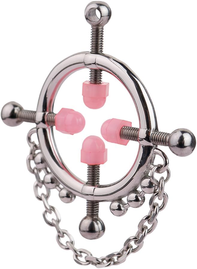Metal Nipple Clamp Kit in Silver Color, 4 Silicone Covers and Leather Bondage Chain – Style C Adult Sex Toy