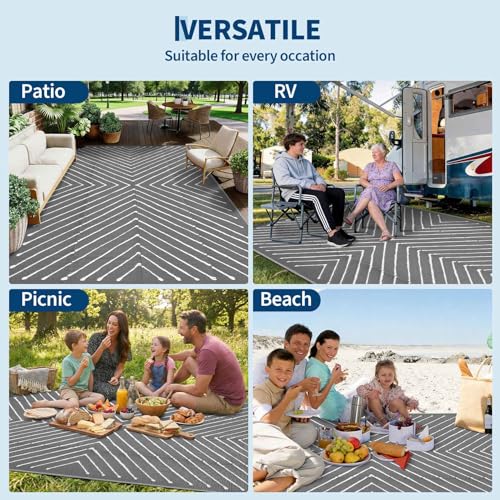 Garvee 8x10 Outdoor Patio Carpet Reversible Waterproof, Large Portable RV Camping Rug for Deck, Porch, Backyard, Balcony, Beach, Grey&White Outdoor Mat by Garvee - Used condition - Image 4