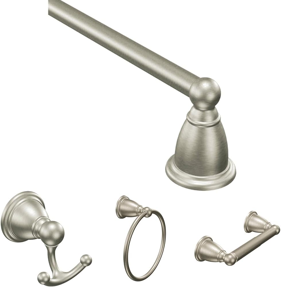 Moen Brantford Brushed Nickel Bathroom Accessory Bundle Featuring 18-Inch Single-Towel Bar, Robe Hook, Hand-Towel Ring, and Wall Mounted Toilet Paper Holder