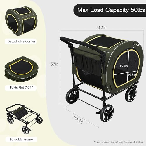 Image of Saudism Pet Stroller for Dogs Cats up to 50 lbs, Foldable Dog Stroller with 360 Swivel Wheels, Detachable Carrier, Adjustable Handle, Travel Dog Stroller for Small Medium Large Pets, Green
