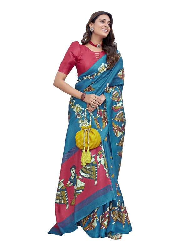 Kjs Women's Khaadhi Cotton Blended Kalamkari Printed Saree | Beautiful Blend of Tradition and Style | Printed Saree with Running Blouse | Kathak Rama