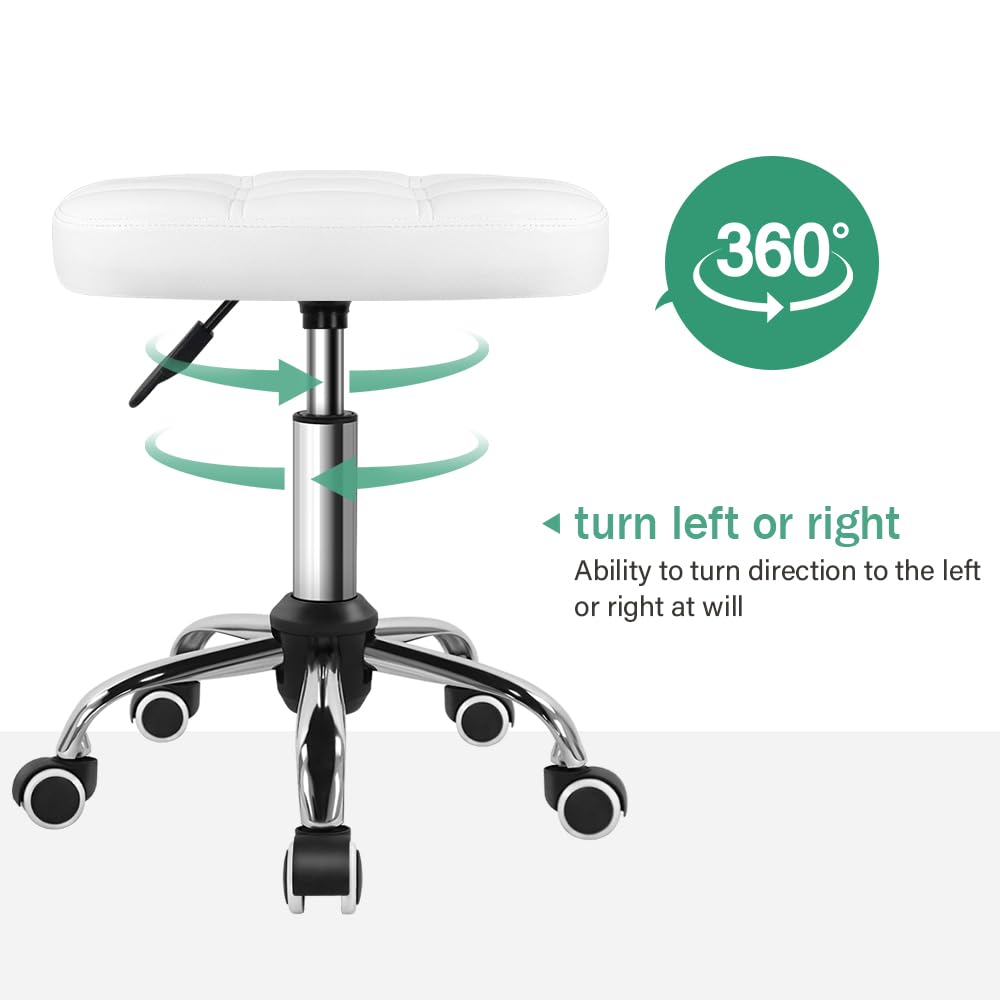 FURWOO Taburete Ovalado Rodante Altura Ajustable Sillón de Masaje con Ruedas para SPA Salón Blanco