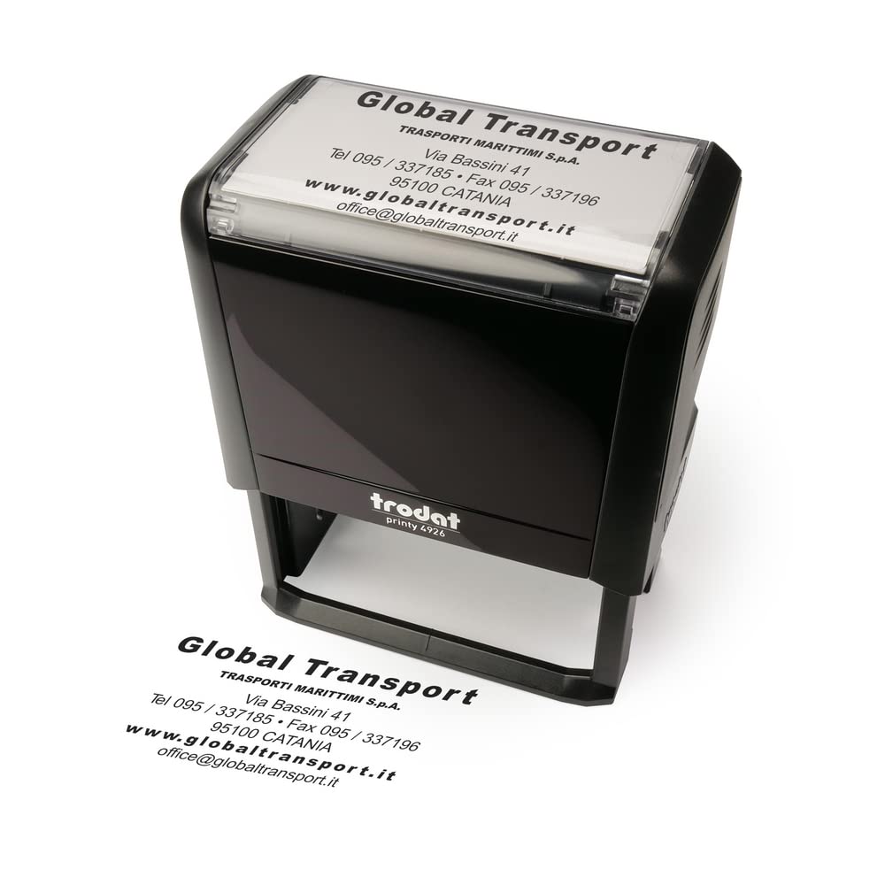 Trodat Printy 4926 Timbro Personalizzato Autoinchiostrante, Max 8 Righe, Dimensione Impronta Grande 75x38 mm, Nero, Cartuccia Inchiostro Nero, Ideale per Grandi Superfici, Shopper, Carte da Pacco