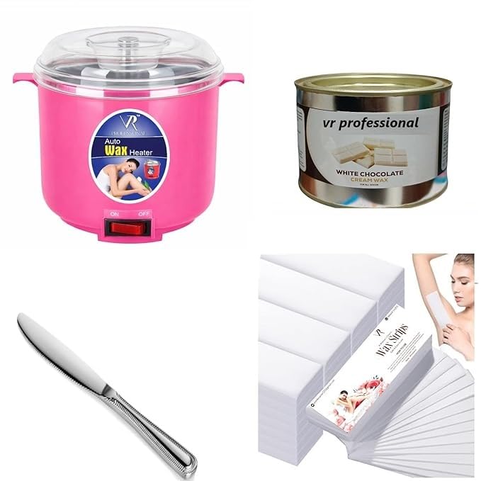 Waxing Kit Combo Electric heater Machine with 500g White Chocolate Cream Tin 30 Strips and Knife Hair Removal Kit for Women Men Salon Home Use (Pink wax heater + White chocolate wax + 30 Wax strips + 1 Stainless steel wax knife)