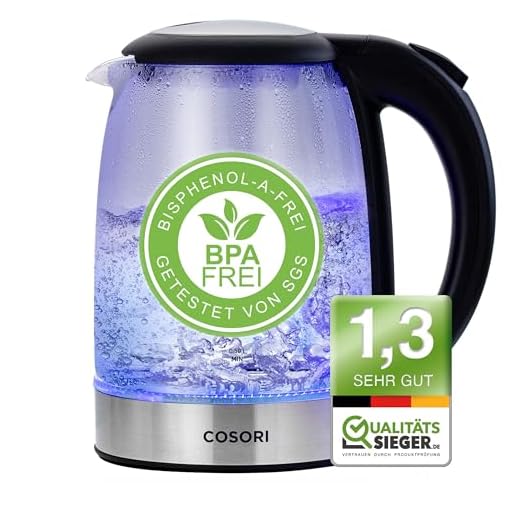 COSORI Glass Kettle 1.7 Litres, Blue LED, BPA-Free, 2200 Watt, 5 Minutes Cooking Time, Overheating Protection, 360° Rotatable, Borosilicate Glass Kettle with Stainless Steel Base and Filter