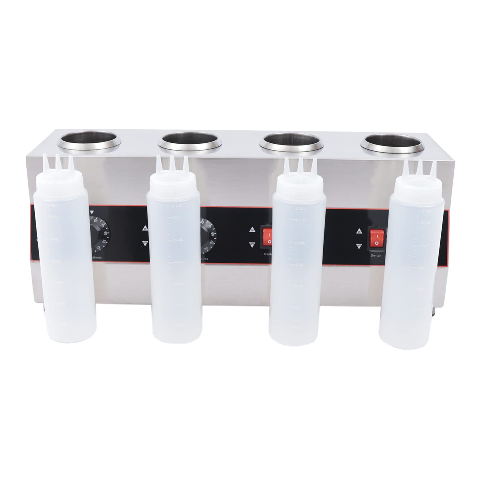 Calentador Eléctrico de Salsas Comercial 4 Botellas 650ml Acero Inoxidable Control Temperatura 30-85°C Independiente para Restaurante Cafetería Snack Bar