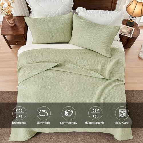 Simple&Opulence Bedspreads Double Size,Ultra Soft Washed Cotton Muslin Blanket for All Season,Breathable Reversible Bedspread Coverlet Sets with 2 Pillowcases(220x240cm,Light Green) - Cosy Home Interiors Simple&Opulence Bedspreads Double Size,Ultra Soft Washed Cotton Muslin Blanket for All Season,Breathable Reversible Bedspread Coverlet Sets with 2 Pillowcases(220x240cm,Light Green) - Image 2