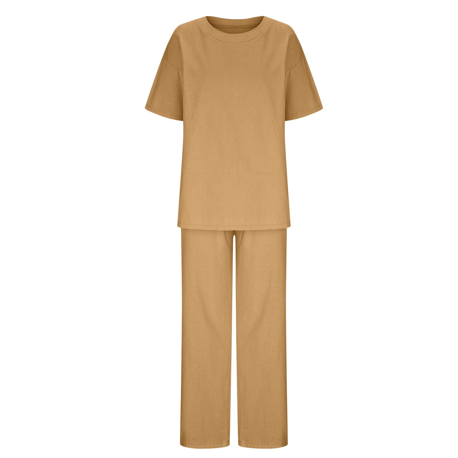 Women Summer Casual Sets 2 Piece Cotton Linen Outfits Loose Plus Size Short Sleeve Top Wide Leg Drawstring Pants — view 5