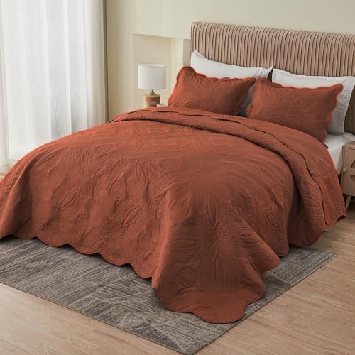 Image of Kingnex Oversized King Bedspreads 128x120 for Tall King or Cal King Bed Ultrasonic Quilted Coverlet Set 3 Piece Include 1 Extra Wide Quilt 2 Pillowcases Baked Clay
