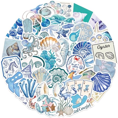 50 Pcs Mar Pegatinas, Verano de la Costa Azul Stickers,Impermeables Reutilizables Sticker de Concha de Medusa y Estrella de Mar para Niños y Adultos para Ordenador Portátil Skate Maletas DIY