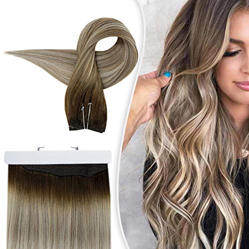 Full Shine Hidden Crown Hair Extensions Remy Human Hair 14 Inch Halo Hair Extension Invisible Fish Wire 3 Dark Brown Fading To 8 Light Brown And 22 Blonde 80 Grams Invisible Secret Hair Piece