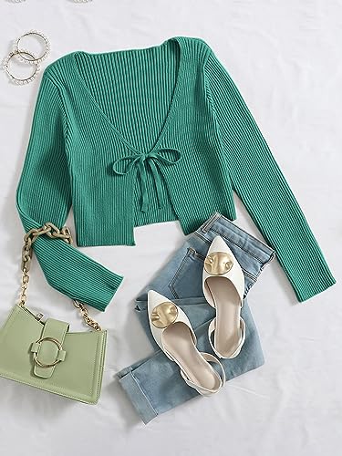 Image of Floerns Women's Tie Front Long Sleeve Rib Knit Shrug Sweaters Cardigan Crop Top