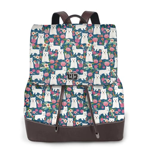 Sac à dos en cuir polyvalent femme noir petit sac de voyage imprimé fleuri et chien
