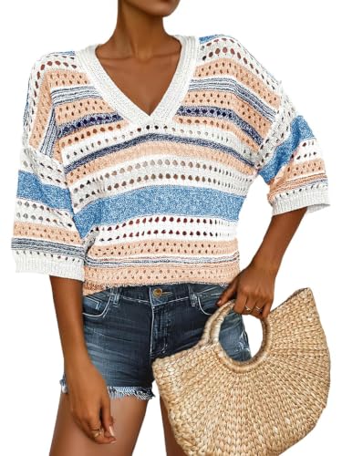 Image of Saodimallsu Womens Short Sleeve Sweaters V Neck Crochet Knit Striped Hollow Out Tops Beach Cruise Outfits