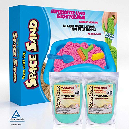 Leo & Emma 1.8kg Juego de Arena Magia Safari Zoo 20 pcs. 8 moldes con Animales, Pala, Herramienta de Modelado, Caja de Arena - Nuevo Modelo 2020 Probado por TÜV (1.8kg Turquesa)