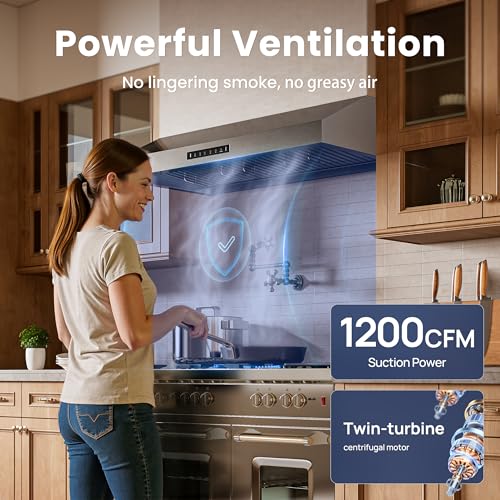 Image of VIKIO HOME 30 inch Range Hood Stainless Steel(PVD), Black Stove Hood with 1200 CFM with 1.5 Sones Quiet,3 Speed Exhaust Fan Hood Vents for Kitchen,Under Cabinet Range Hood with GU10 LED Lights