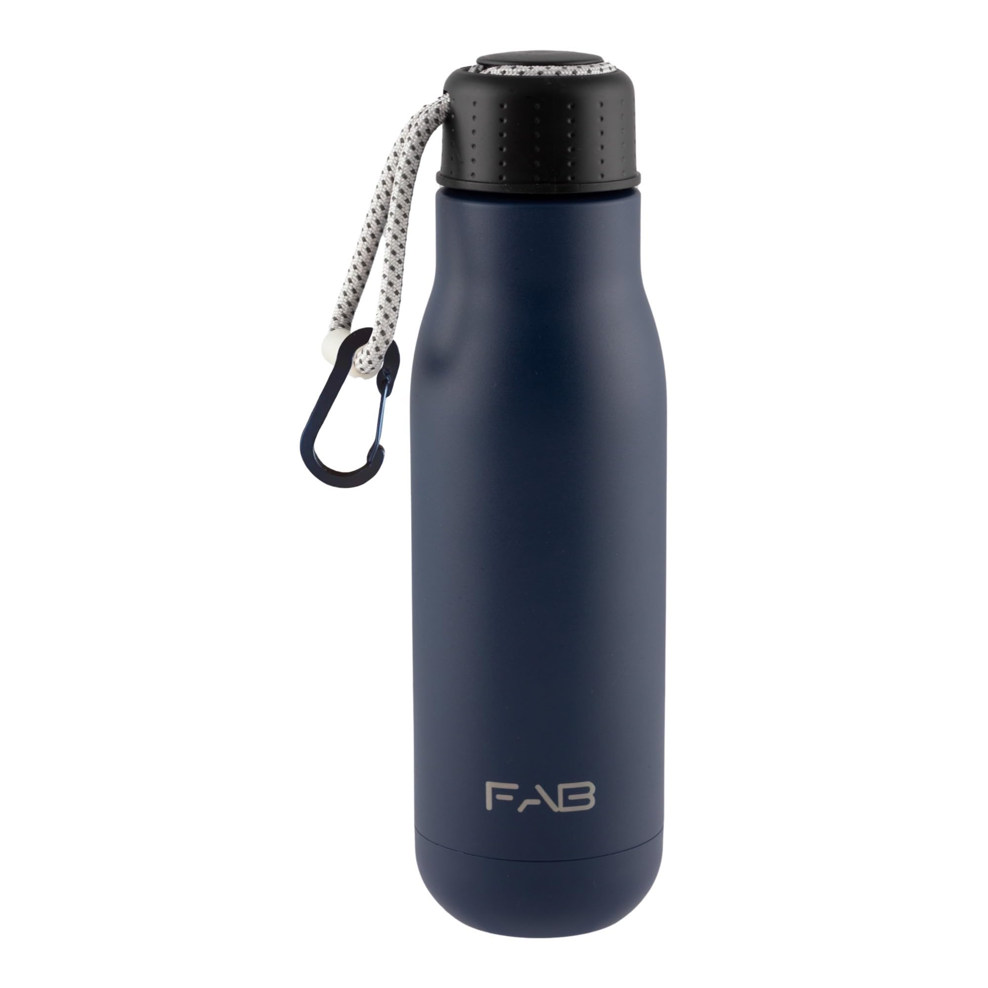 FAB Double Wall Insulated Sports Bottle (500ml/Navy) With Rope Lid and Carabiner Clips, Leakproof and BPA-Free