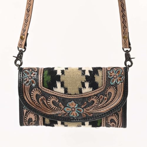 Western Crossbody Purse for Women – Tooled Leather Flap Shoulder Bag with Floral Design & Woven Aztec Pattern – Small Handmade Boho Satchel with Adjustable Strap2