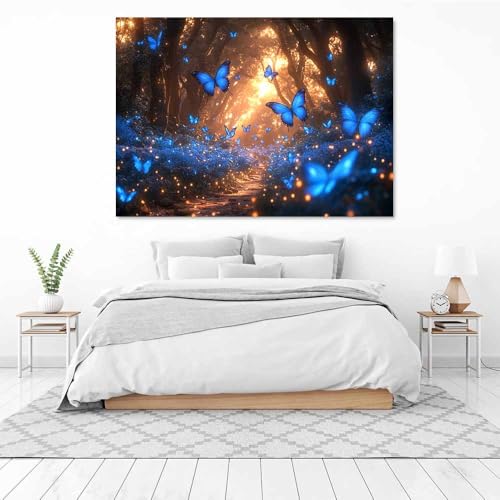 Impression sur toile design papillons bleus et chemin de forêt unique