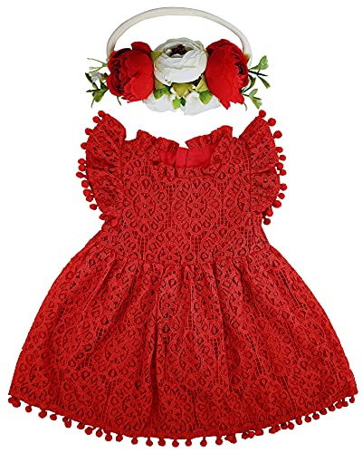 Image of BGFKS Baby Girl Tutu Dress Elegant Lace Pom Pom Flutter Sleeve with Flower Headband Set