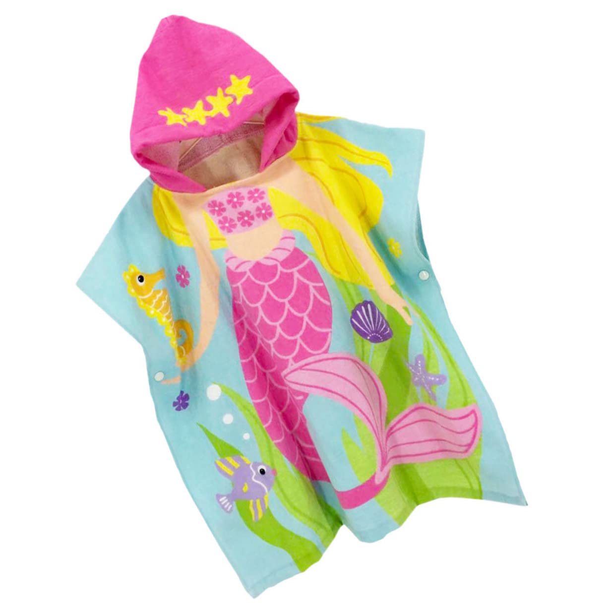 Asciugamano da Spiaggia Indossabile per Bambini, Cappuccio, 60 Cm | Cotone Rosa, Stampa Cartone Animato Sirena, Leggero e Saldo, per Cambio Rapido