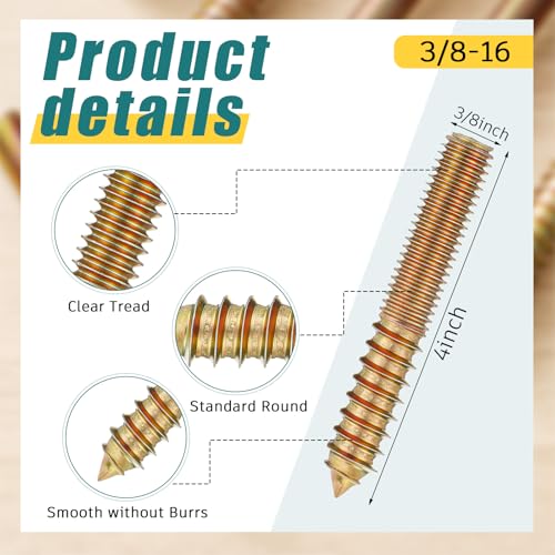 Image of Hicarer 20 Pack 3 /8-16 x 4 Inch Hanger Bolts Double Headed Bolts with Driver Self Tapping Screw Threaded Rod Screws for Furniture Double Headed for Wood Furniture Joint
