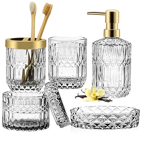 Lot de 5 accessoires de salle de bain en verre - Distributeur de lotion, porte-savon, porte-brosse à dents, gobelet, cotons-tiges - Pour salle de bain moderne...