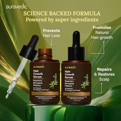 Image of Auravedic Advance Hair Growth Serum For Scalp with 3% Redensyl, 2% Anagain, 3% Procapil, Caffeine, Biotin, Bhringaraj, Rosemary Oil For Hair Serum For Hair Fall Control 30ML (pack 2)