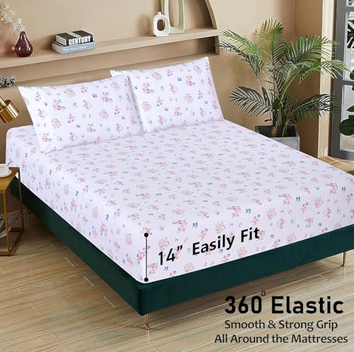 Image of RUVANTI 100% Cotton Percale Sheets California King Size, Funa Flora | Crisp Cooling, Deep Pocket 14 inch, Soft Breathable & Durable, Hotel-Style 4 Piece Set