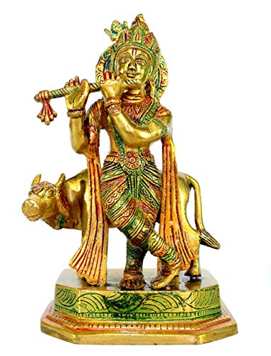 Stonkraft - Lord Krishna Kishan Kanha With Kamdhenu Cow Murti Idol Statue Sculpture - Brass - 8" - Multicolor #TOP7