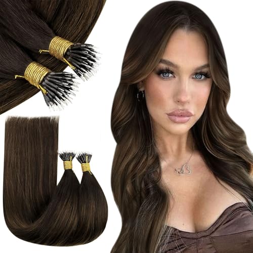RUNATURE Nano Hair Extensions Real Human Hair Brown Ombre Dark Brown Nano Beads Hair Extensions Human Hair Nano Ring Straight Remy Hair 12 Inch 40 Gram #2/2/6