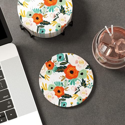 Image of Floral Absorbent Coasters Set of 6, Wood Abstract Coaster with Holder, Home Coffee Table Decor for Women, Cute Cork