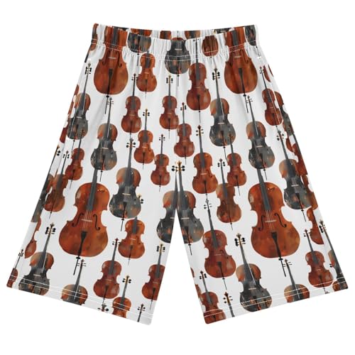 ALAZA Brown Violin White Music Pajama Shorts Sleep Shorts Pant Lounge Pajama Bottoms Elastic Waist with Pockets