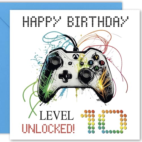 Cult Kitty Grandson Birthday Card - Gamer 10th Gaming Level - 10th Birthday Card Boy, Boys Birthday Cards, Gaming Birthday Card Grandson, Grandson Birthday Cards for Boys