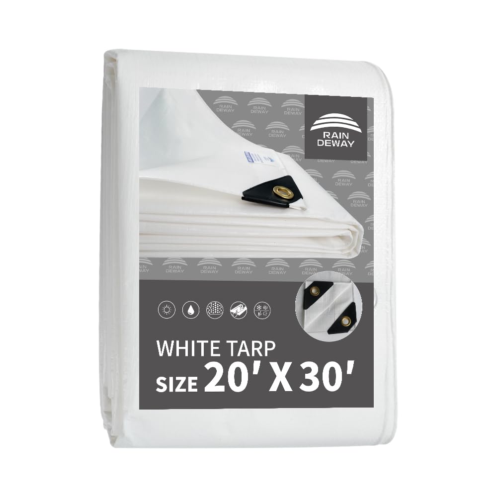 RAINDEWAY 12 Mil Heavy Duty White Tarp 20x30 Feet, UV Resistant, Waterproof, Weatherproof Poly Tarp with Metal Grommets and Reinforced Edges