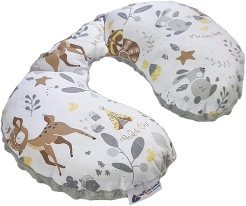 Medi Partners Nackenkissen Kinder Nackenhörnchen Auto Flugzeug Baby - 100% Baumwolle/Minky Nackenstütze Kopfstütze Kindersitz Autositz Nackenrolle Kissen (Reh mit grauem Minky)